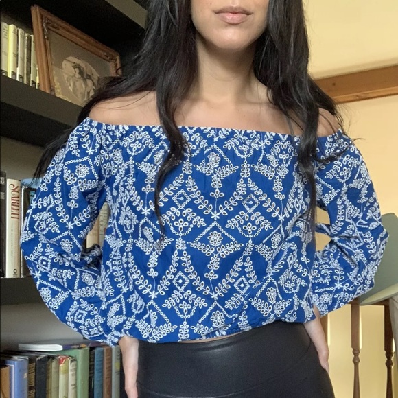 Tops - Bright Blue Eyelet Off the Shoulder Bubble Top